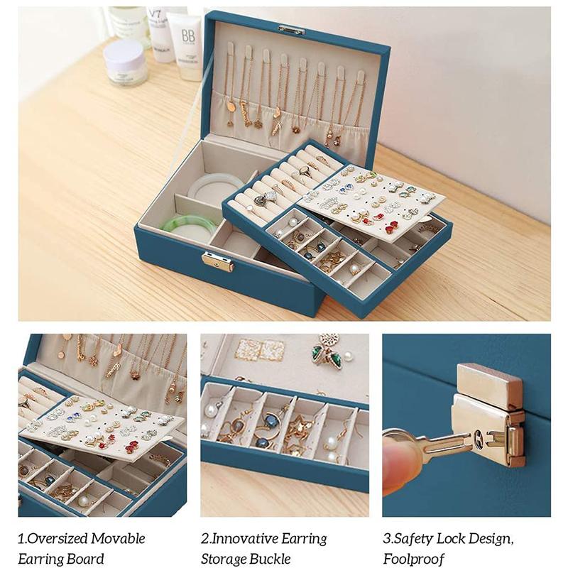 2 Layers Jewellery Box Organiser Small Home Travel PU Leather Earings Rings Jewelry Storage Case Women Portable Removal Tray