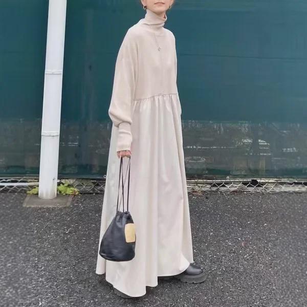 2024 Volné pletené šaty s vysokým límcem a patchworkem na podzim/zimu