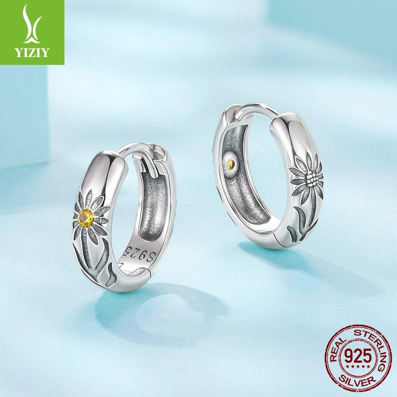 S925 Sterling Silver Carved Sunflower Ear Buckle Female, Gentle And Superior Sunflower Earrings Earrings