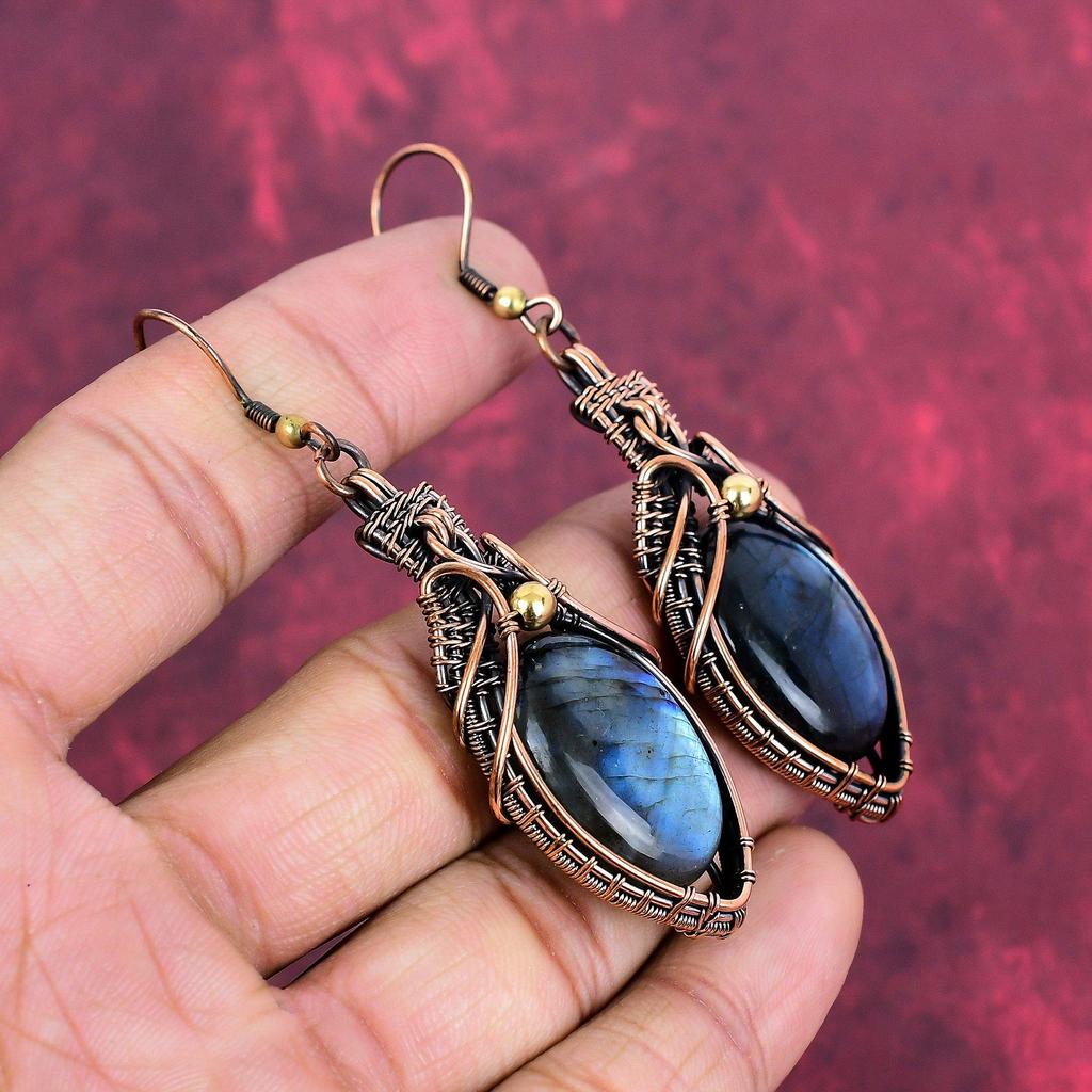 Boucle d'oreille Labradorite Boucles d'oreilles Enroulées Fil de Cuivre Boucle d'oreille Faite à la Main Bijoux en Cuivre Boucle d'oreille Pierre Précieuse Authentique Bijoux Enroulés Fil Cadeaux Pour Ami