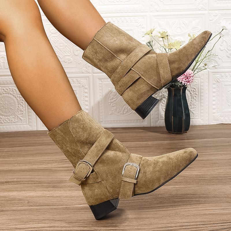 Fashion Buckle Belt Decor Thick Heels Ankle Boots Women Autumn Winter Pointed Toe Riding Boots Woman Slip On Faux Suede Booties