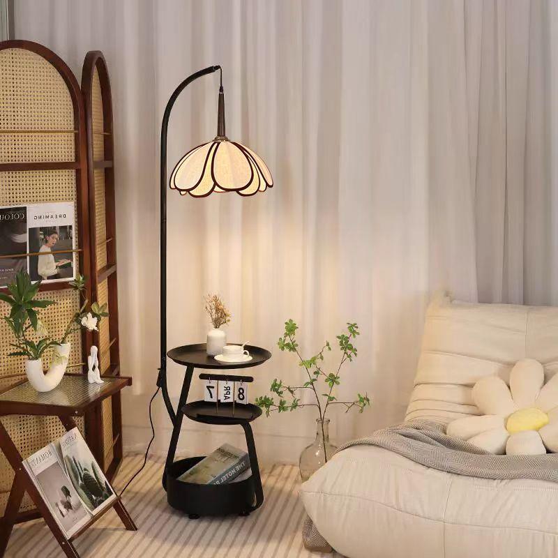 Chinese-Inspired Floor Lamp with Side Table and Storage, Perfect for Living Room Décor