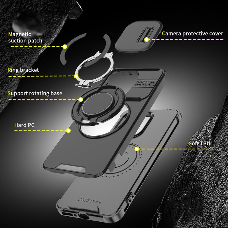 360°Rotating Metal Bracket Ring Phone Case For Xiaomi 14T Pro Redmi Note 14 14C 13 Pro Plus Lens Push Pull Protection Back Cover