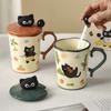 Niedliche Katze Keramiktasse Becher mit Deckel und Löffel für Mädchen mit hochwertigem Design Nische Büro Wasserbecher