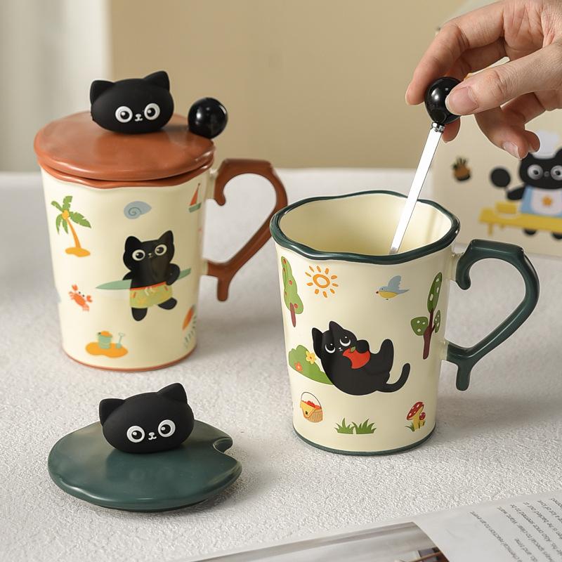 Niedliche Katze Keramiktasse Becher mit Deckel und Löffel für Mädchen mit hochwertigem Design Nische Büro Wasserbecher