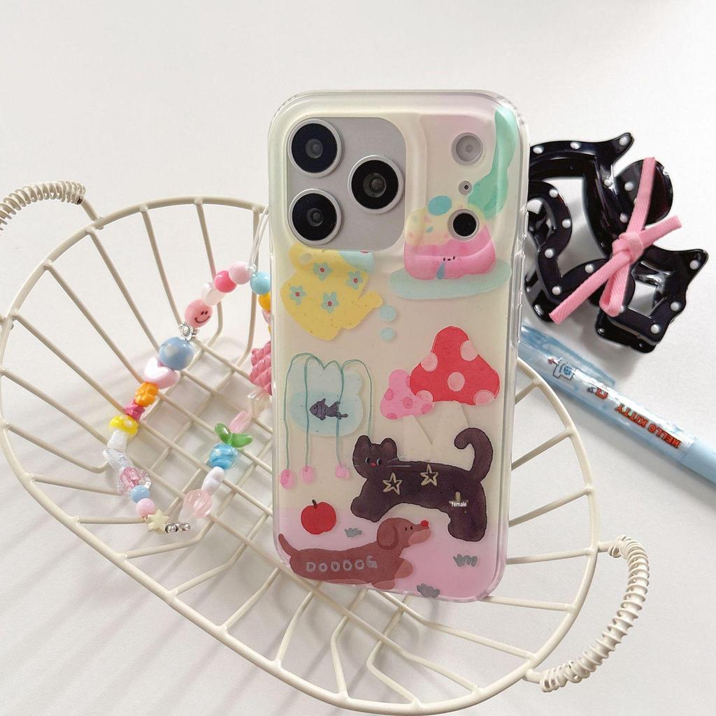 Hobby Ins Oil Painting Cute Mushroom and Black Cat iPhone Case for 17 Pro Max/16/17/Apple 15