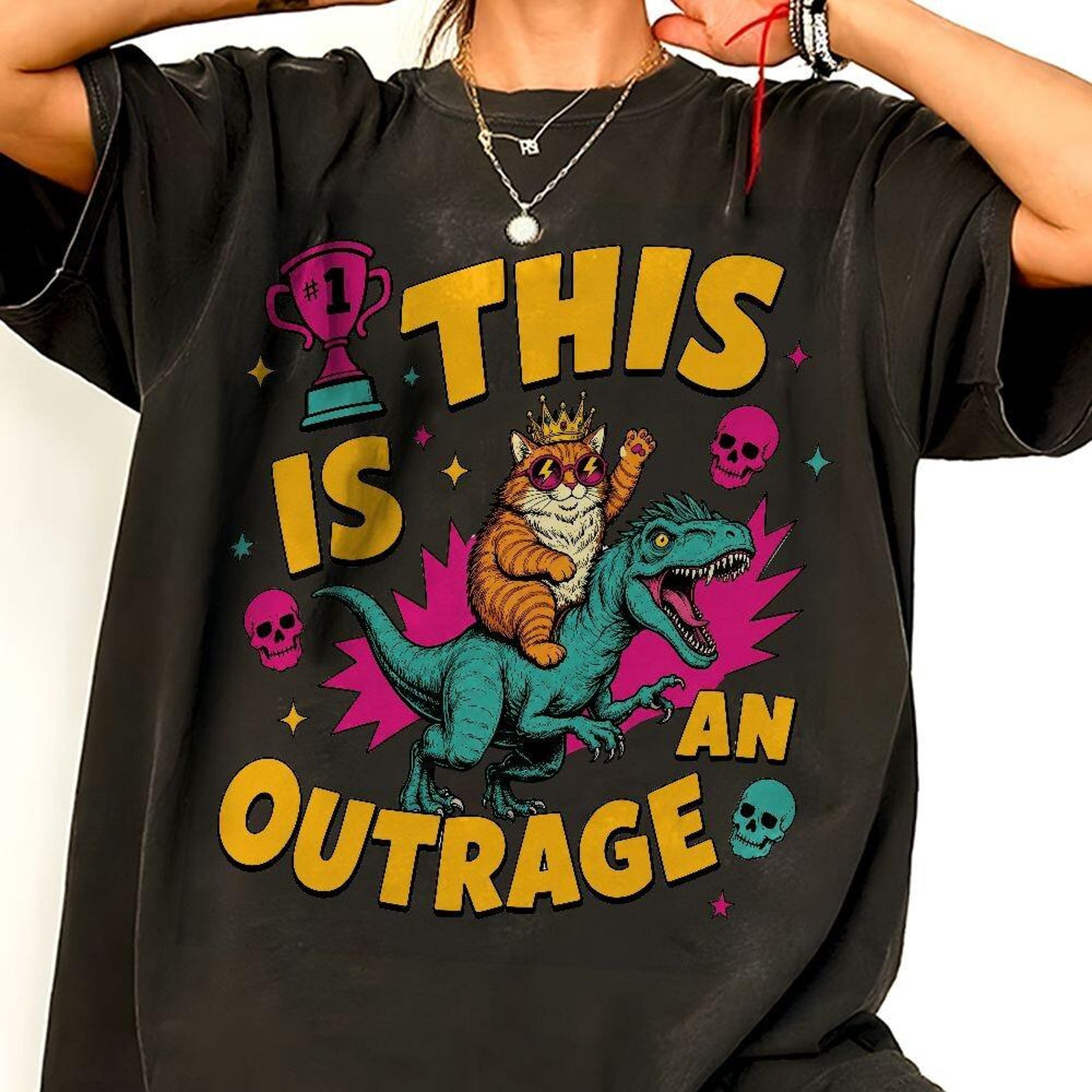 This Is An Outrage Cat And Dinosaur Funny Shirt L