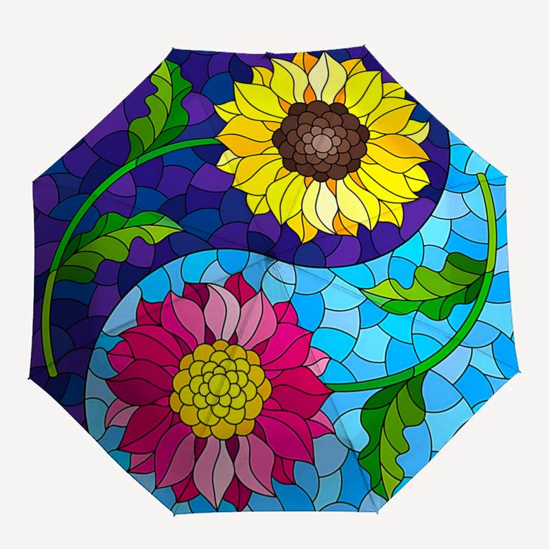Stained Sunflower & Pink Flower Yin Yang Automatic Opening Folding Umbrella - Portable 3-Fold Design with Iron Frame for Outdoor Use, Festiv