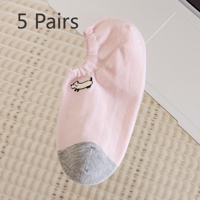 5 Pairs Boat Socks Women Shallow Mouth Short Socks Summer Thin Embroidery Puppy Boat Socks Cute Tide Net Red Invisible Socks Women