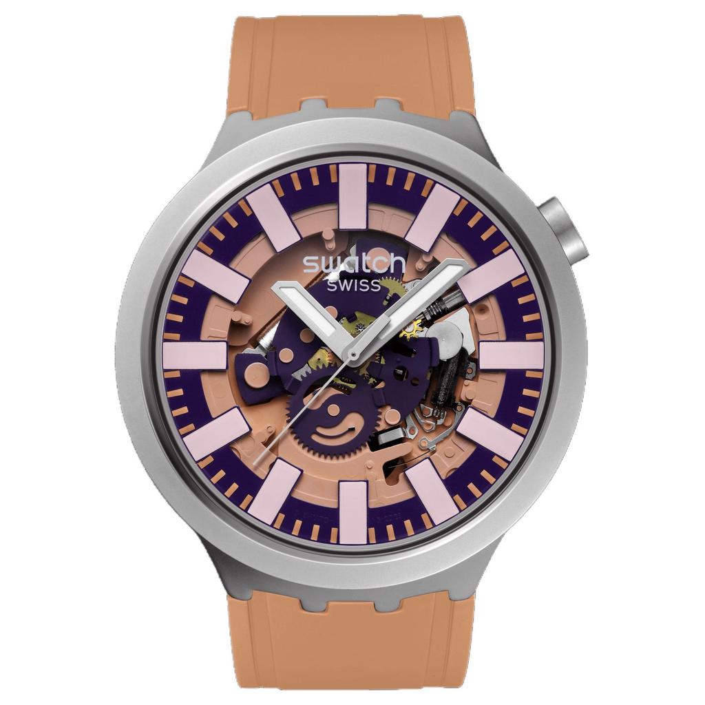 SWATCH Essentials Series Quartz Movement 30 Meters Waterproof Unisex Swiss Watch 47mm Pink Dial Stainless Steel Case Rubber Strap SB07S119
