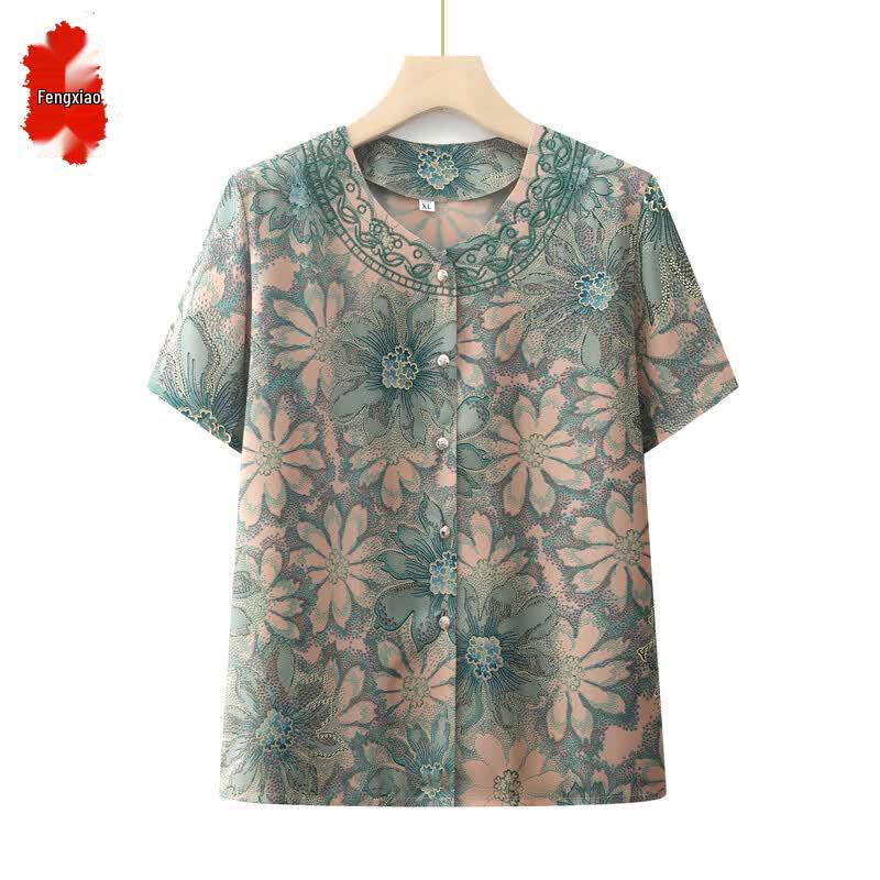 Fengxiao Women s Summer Short Sleeve Shirt Set for Middle-Aged & Elderly XL