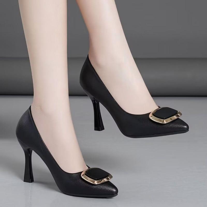 Leather New Spring and Autumn Pointed High Heels Square Buckle Fashion Shallow Mouth Comfortable Single Shoes Women's Shoes