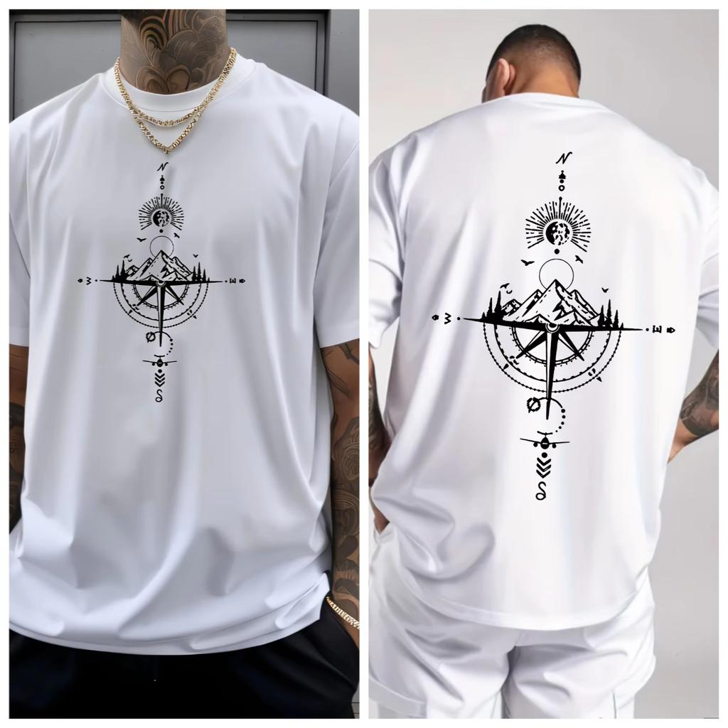 Summer Men Cool Handsome Cotton Casual Sports Loose Oversized Retro Compass Print Comfortable Round Neck Short-sleeved T-shirt