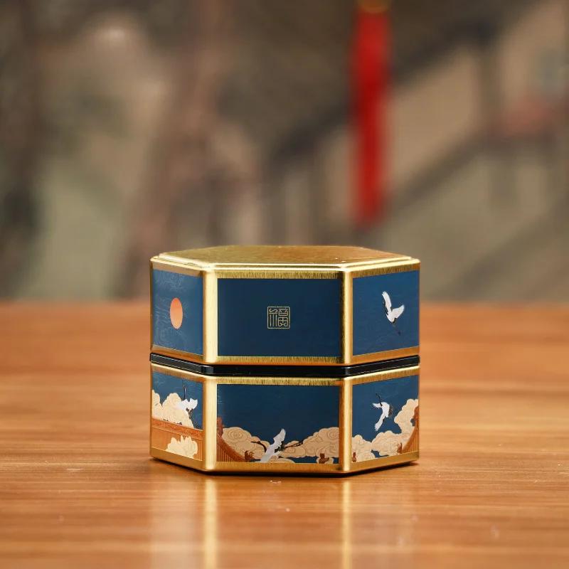 Creative Hexagonal Tea Pot Tin Can Chinese Style Tinplate Tea Storage Tank Small Sealed Portable Box Empty Can Set Accessories