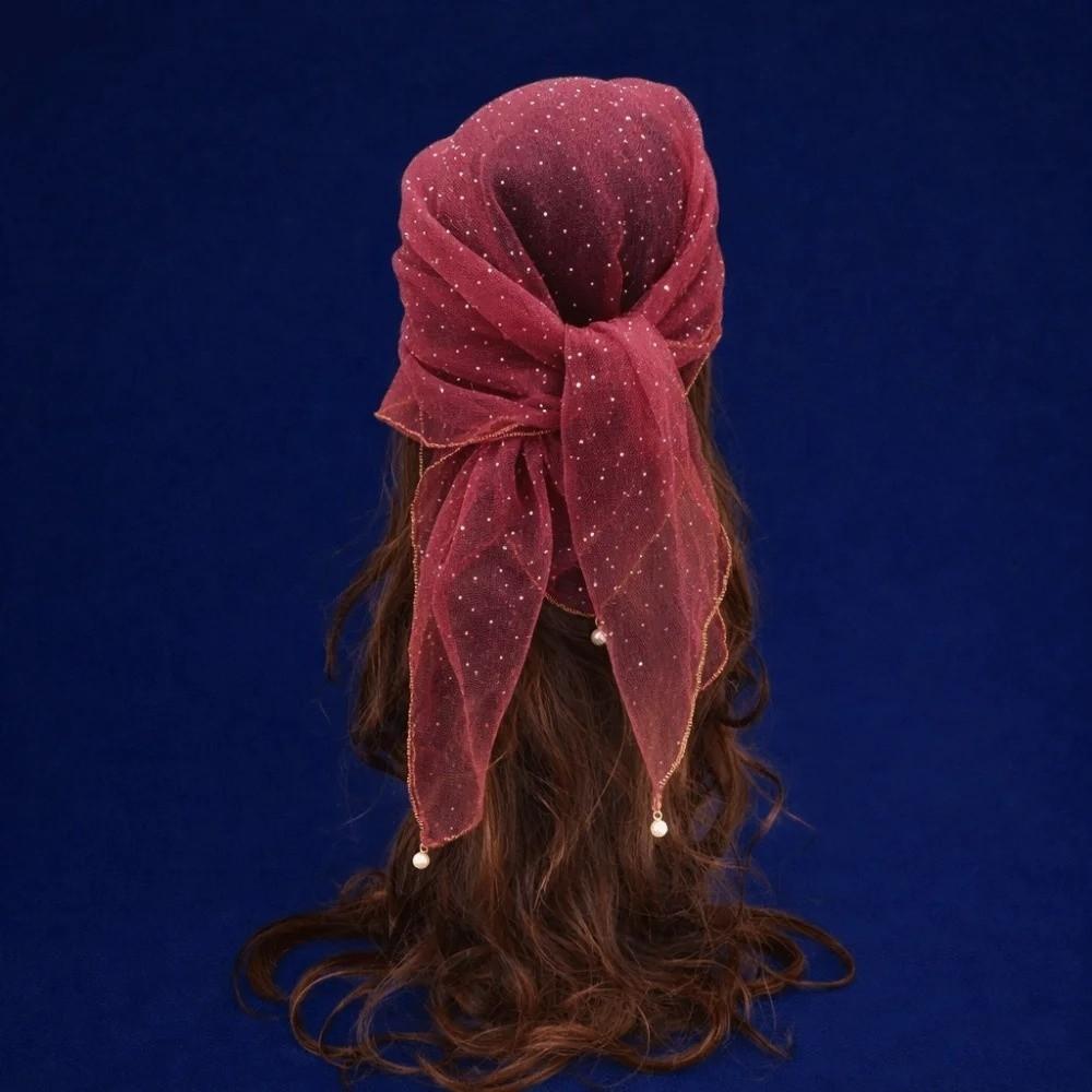 Fashion Pearl Tassel Diamond Hijab Rhinestone Square Pearl Tassel Scarf Thin Veil Full Sky Turban Hair Accessory
