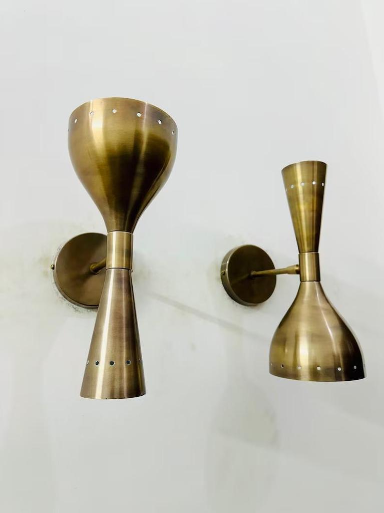 Mid Century Brass Diabolo Wall Sconce - Italian Modern Light Fixture Pair