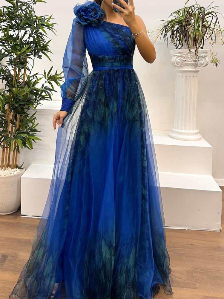 

Женское вечернее платье на одно плечо с цветочным принтом и прозрачными длинными рукавами, элегантное формальное платье с высоким разрезом XL синий