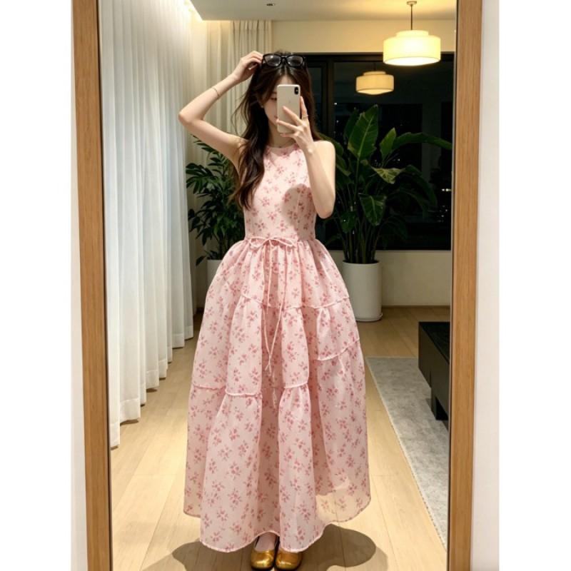 2026 Floral Print Sleeveless A-Line Midi Dress Women Cinched Waist Pink Chic Beach Vacation