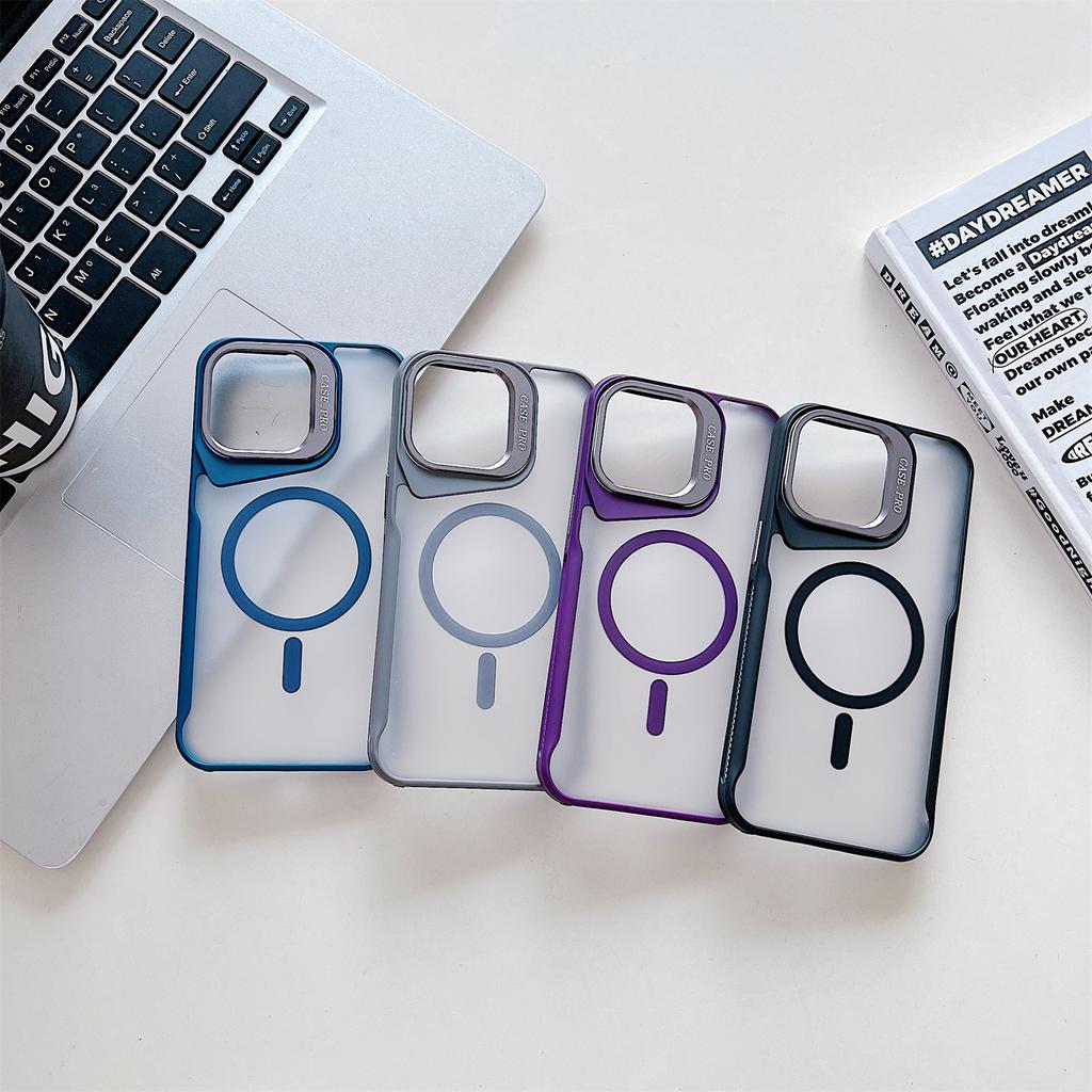 For iPhone 14 Pro Max Case Compatible with MagSafe Lens Frame Kickstand PC+TPU Phone Cover