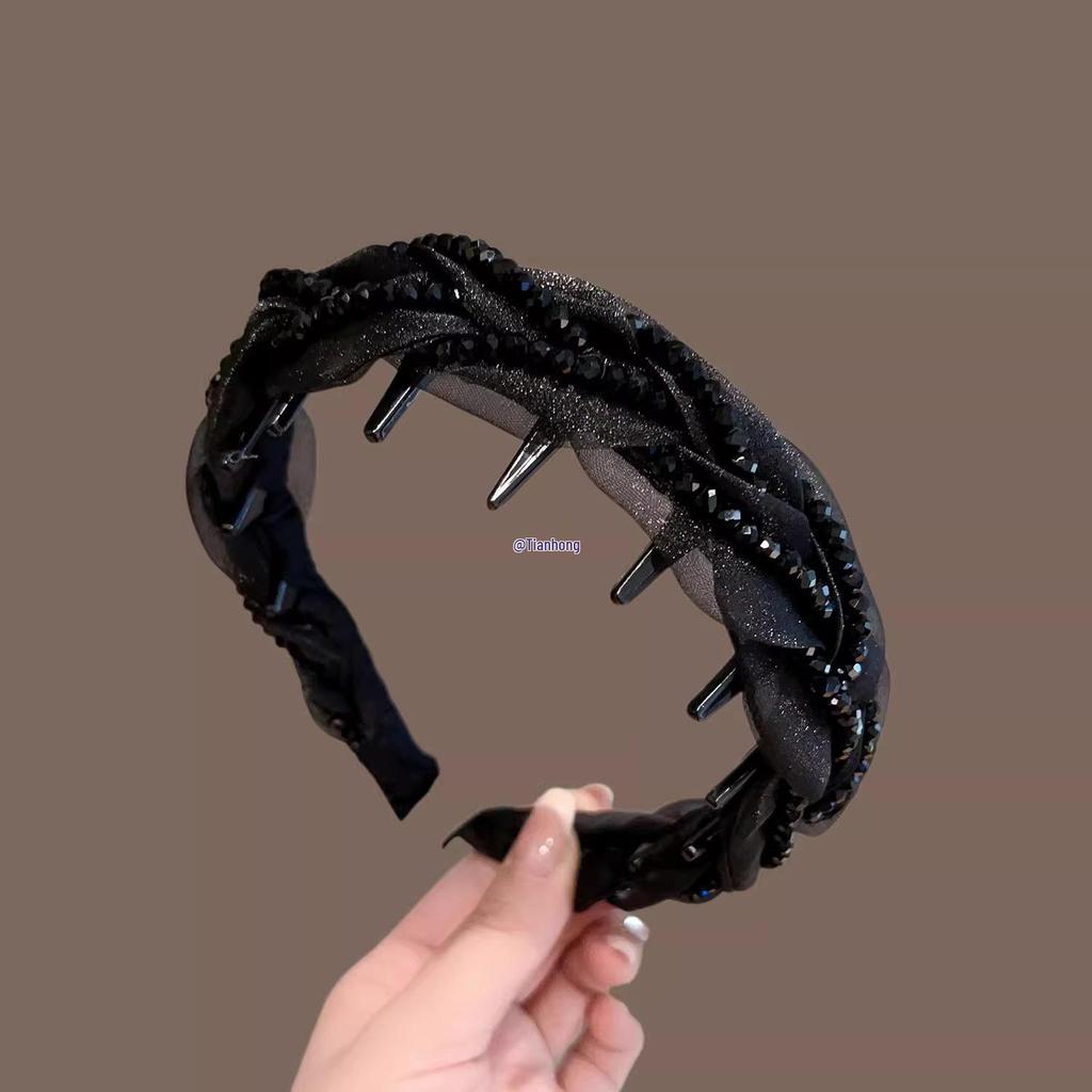 UK Luxury Black Crystal Mesh Women's Headband - High Skull Top, Versatile and Stylish