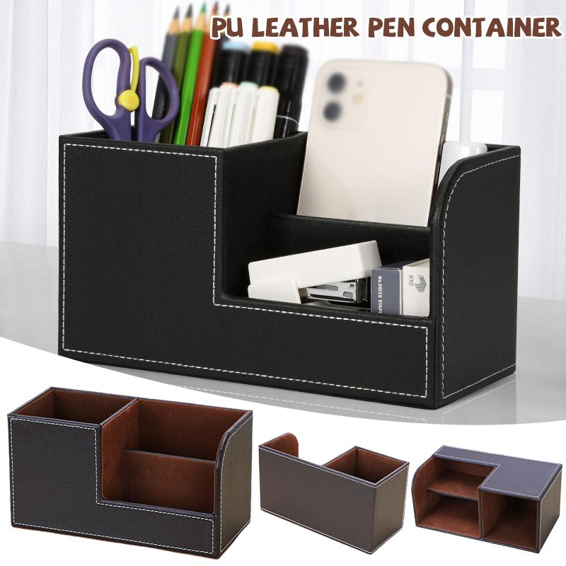 1pc PU Leather Pen Holder & Drawer Organizer Box Multifunctional Office Desktop Storage for Stationery Sorting S/M Size