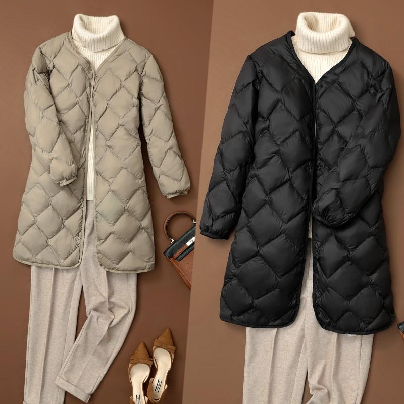Womens Lightweight Down Jacket Mid-Length Thin Puffer Coat With Quilted Design Long Sleeve Plus Size V-Neck Casual Outerwear