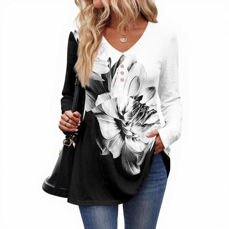 Retro Floral Print Long Sleeve Top Women Casual V Neck Button Blouse