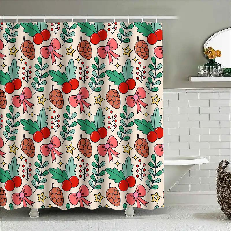Moderner Dekor Duschvorhang Wasserdicht Badezimmerdekor Weihnachten Ananas Cartoon Schleife Rote Frucht Heimdekoration Weißer Hintergrund