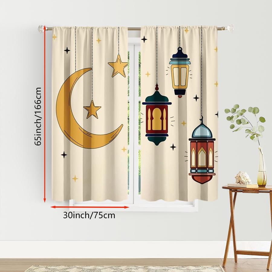 2pcs Crescent Star & Lantern Printed Curtains   Perfect for Ramadan/Eid Window Decor   Home Living Room Bedroom Decor   Rod Pocket
