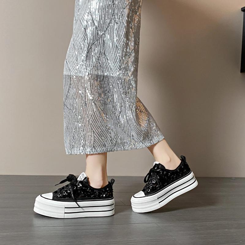 Women's Canvas Shoes Spring and Autumn New Sequin Thick Sole Height Increasing Vulcanized Casual Running Women's Shoes