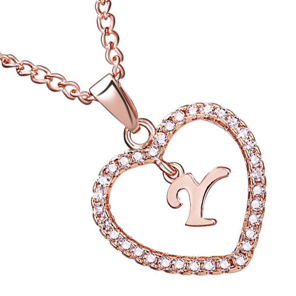 26 Letters W Heart Shape Pendant Necklace Rhinestone Rose Golden Clavicular Chain Jewelry Couple Gift