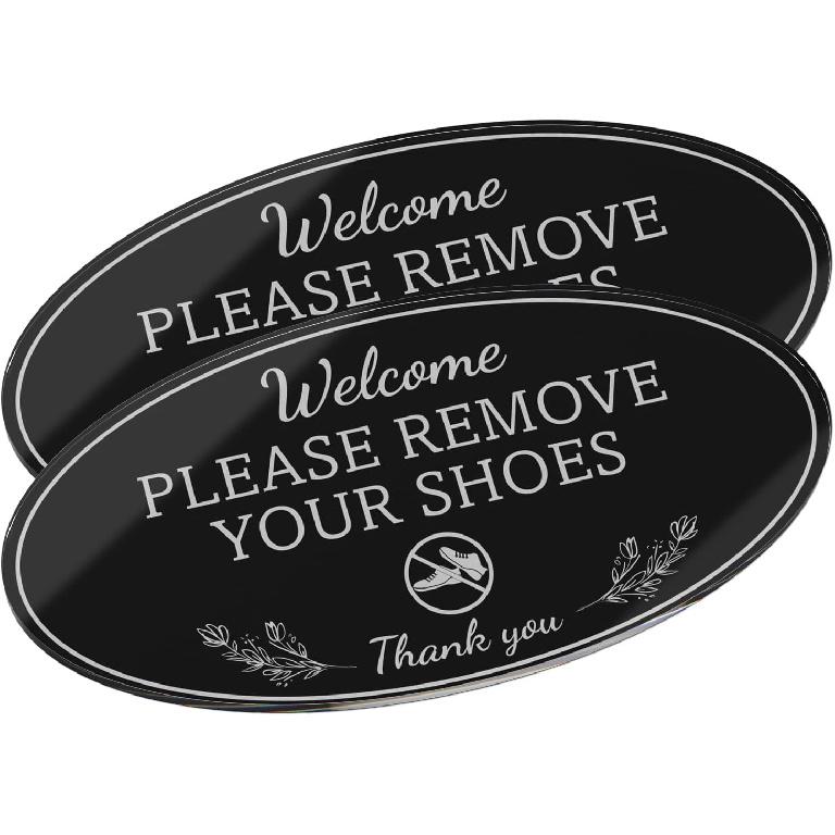 2 Pack Please Remove Your Shoes Sign 8 × 4 Inches White Acrylic Self-Adhesive Waterproof Fade Resistant Welcome Signage for Home Front Door Office