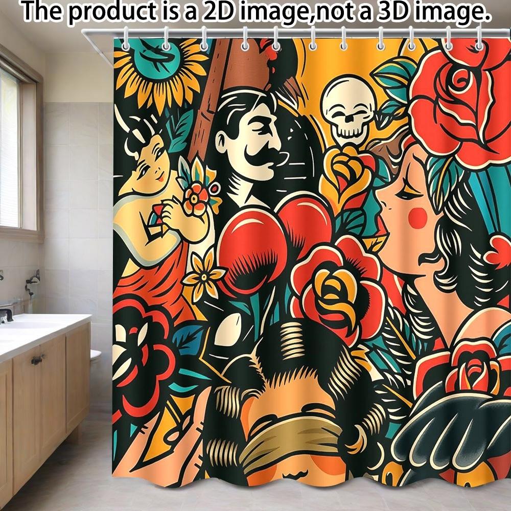 

Vintage Tattoo Style Shower Curtain Vibrant Floral And Figure Design Modern Artistic Body Art Bathroom Decor With Hooks W60H190(CM)-1 Pcs