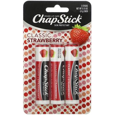 Protetor labial Chapstick Brand Lip Care Skin Protectant 4g, morango clássico, 3 unid.