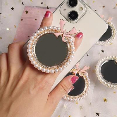Pearl Mirror Bowknot Royal Crown Cute Phone Holder Ring For Iphone Universal Android Foldable Phone Stand For Lady Women Girl
