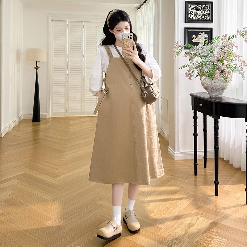 Korean Style Maternity Overalls & Round Neck T-shirt Two-Piece Set - Spring/Autumn Fashion, Belly Covering, Loose Fit.