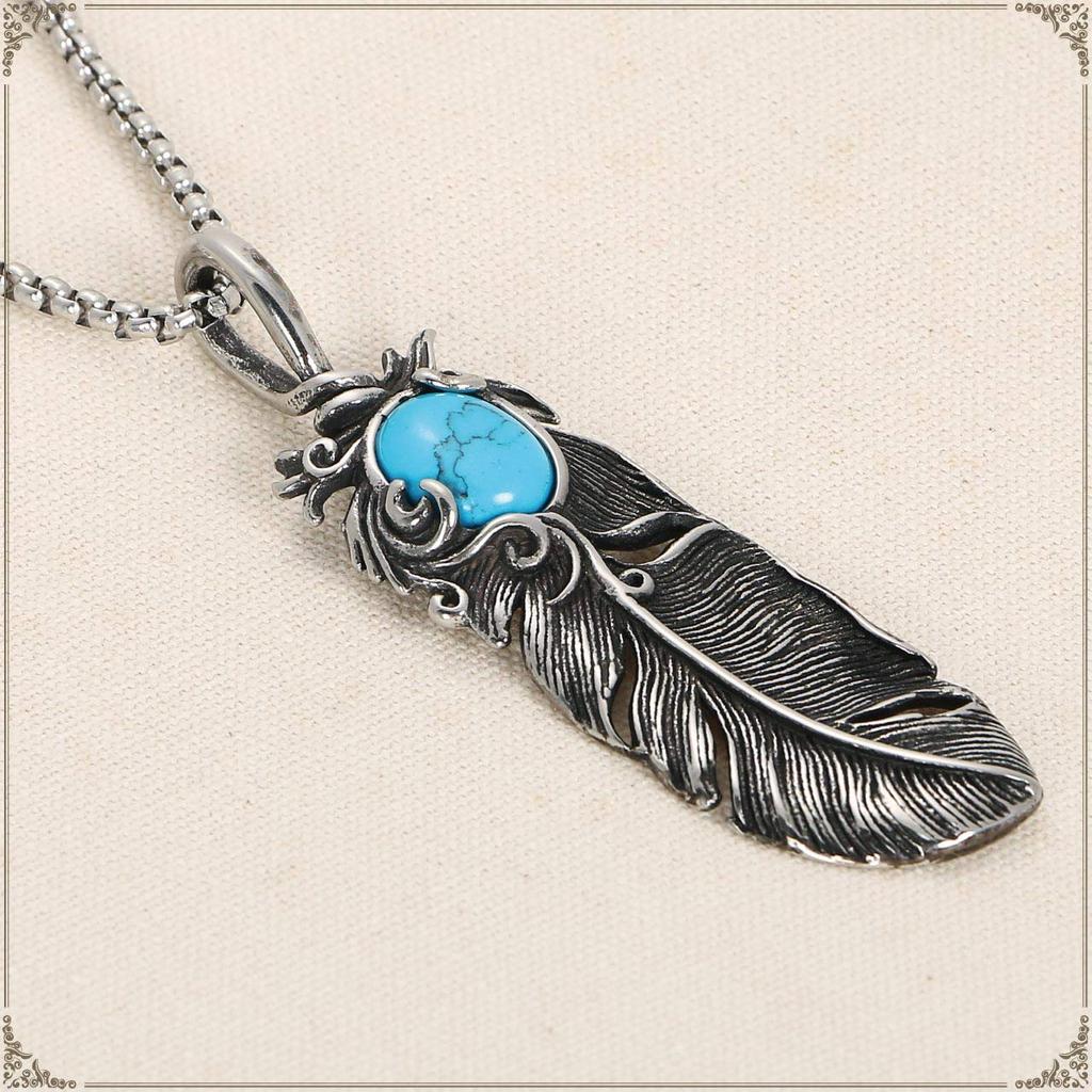[ZIYMU] Feather Necklace, Indian Jewelry, Turquoise Pendant, Silver, Men's, 60cm Zm-p-029tc60