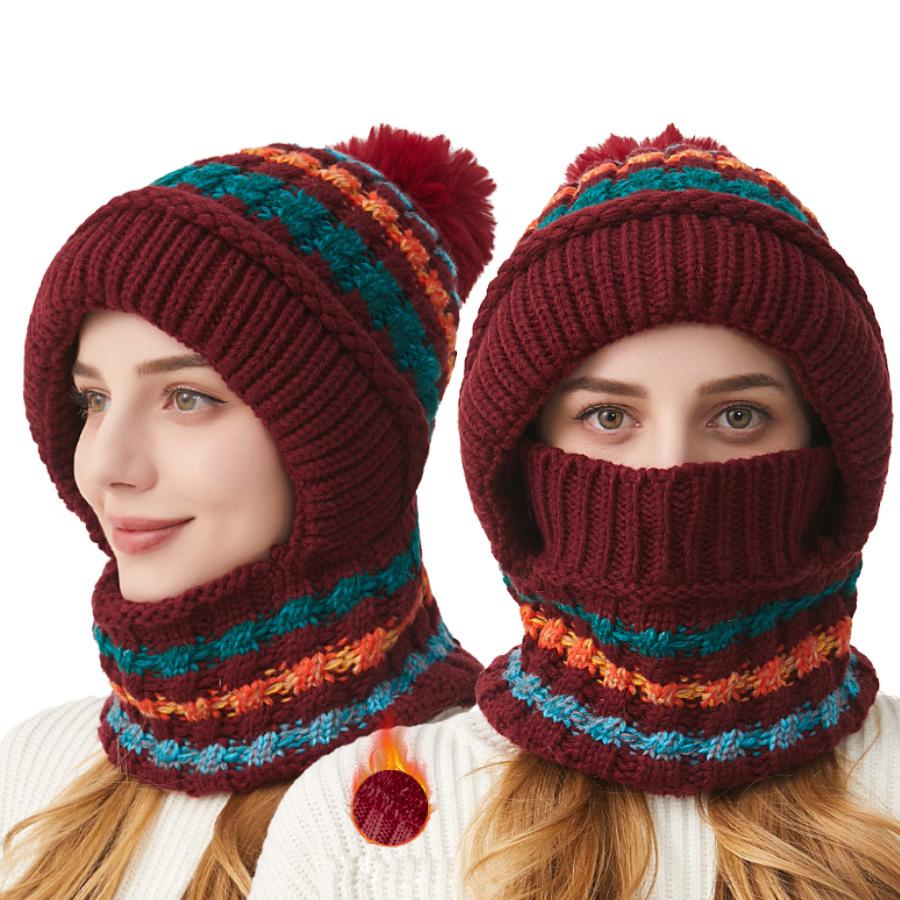 Thick Knitted Hat Scarf Mask One-Piece Hat Women's Winter Outdoor Velvet Warm Mask Scarf All-In-One Hat