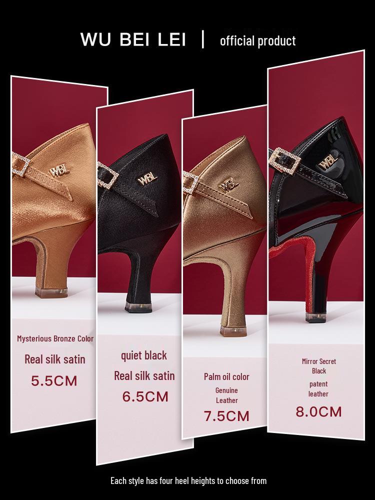 Wubai Ballet T-Strap Satin Latin Dance Shoes for Women - Medium Heel, Soft Sole, Genuine Leather Ballroom Cha