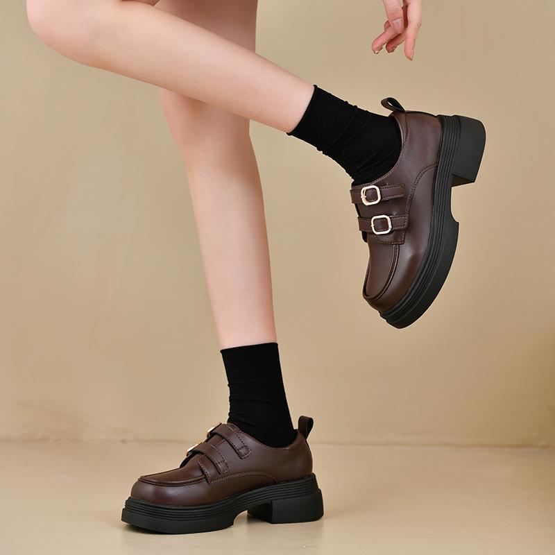 Sapatos Coreanos de Bico Redondo Calçado Feminino Oxfords Estilo Britânico Tamancos de Plataforma Vestido Retrô Preppy Couro Cruzado