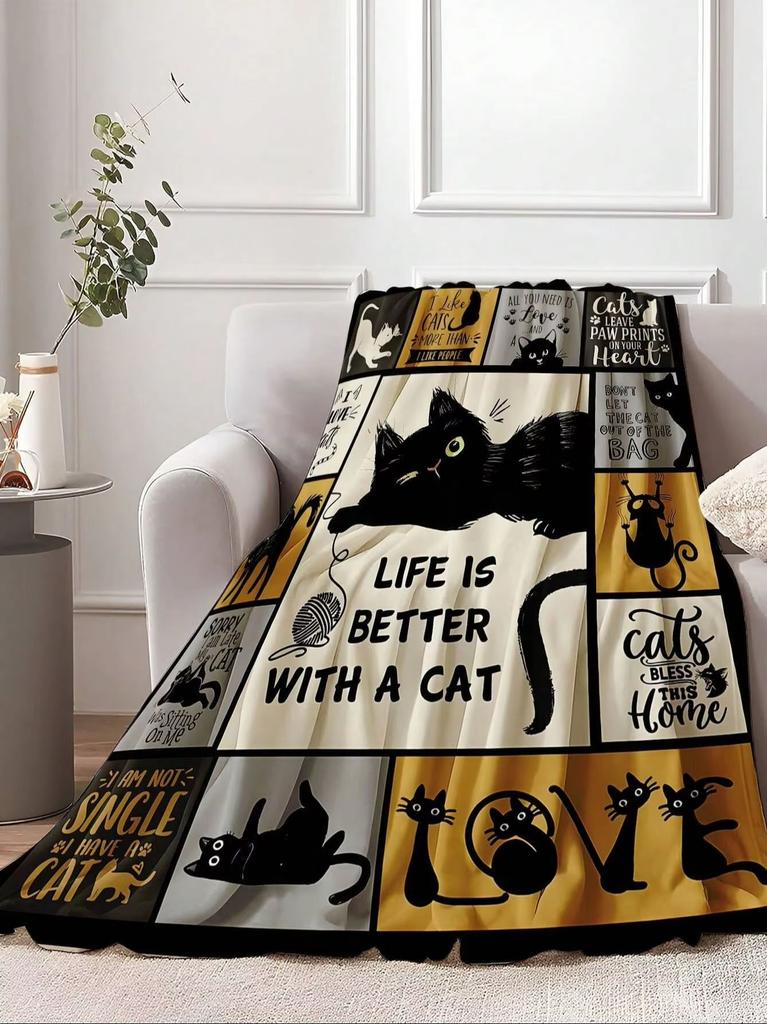 1 Stück Schwarze Katze Weiche Decke Flanell Bedruckte Decke Für Camping & Reisen Geeignet Für Sofas Schlafzimmer Wohnzimmer Und Betten