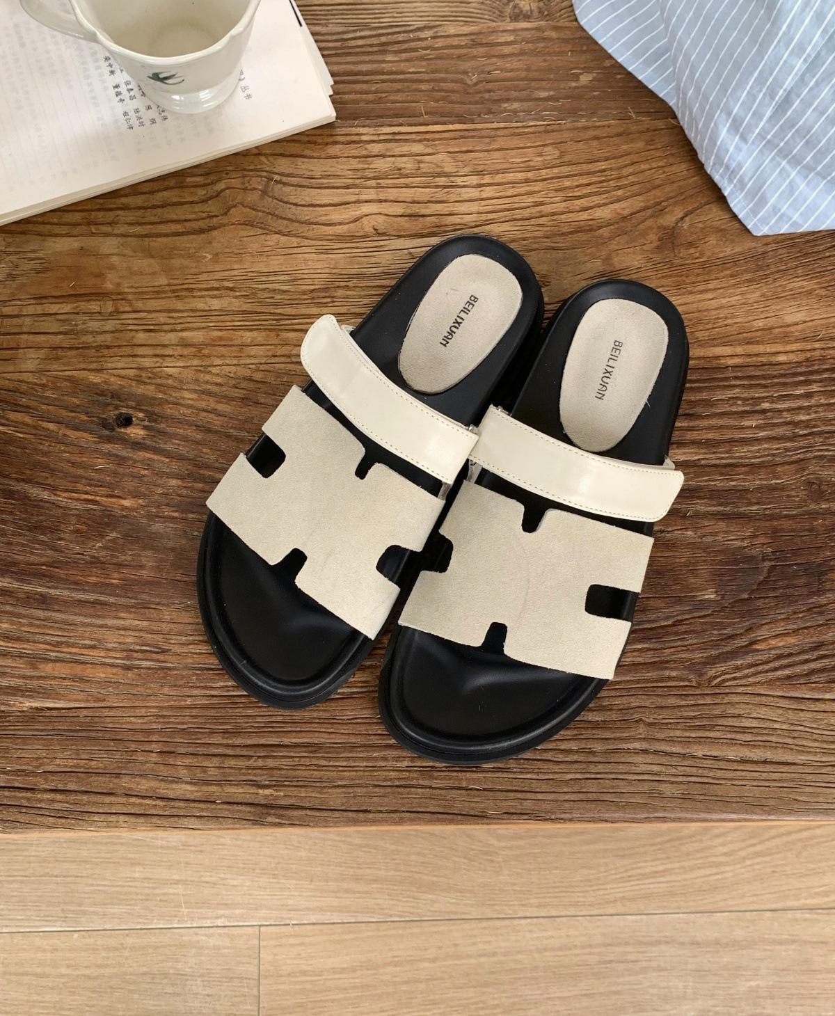 

Seattle Holiday~ 2025 Summer New Thick-bottomed Velcro One-word Strap Wear Second Uncle H Slippers Women s Leather 39 грязно-белый