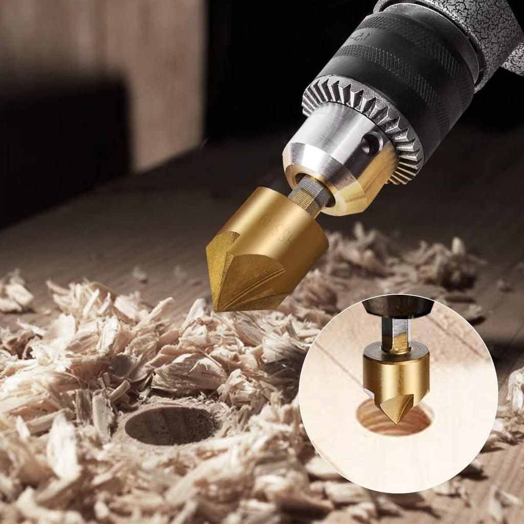 6pcs Countersink Drill Bit Set 1/4'' Hex Shank HSS 5 Flute Countersink 90 Degree Wood Chamfering Cutter Chamfer 6mm-19mm