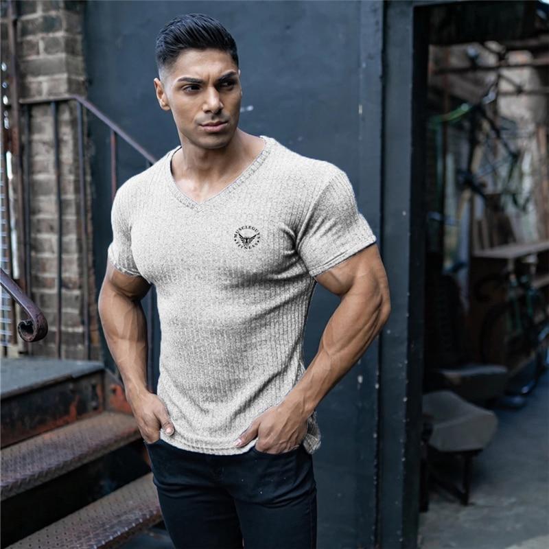 Do The Work  Gym Sports Mens Fashion Casual V-neck Knitted Slim Fit Bodybuilding Fitness Workout Summer Printed T-shirt