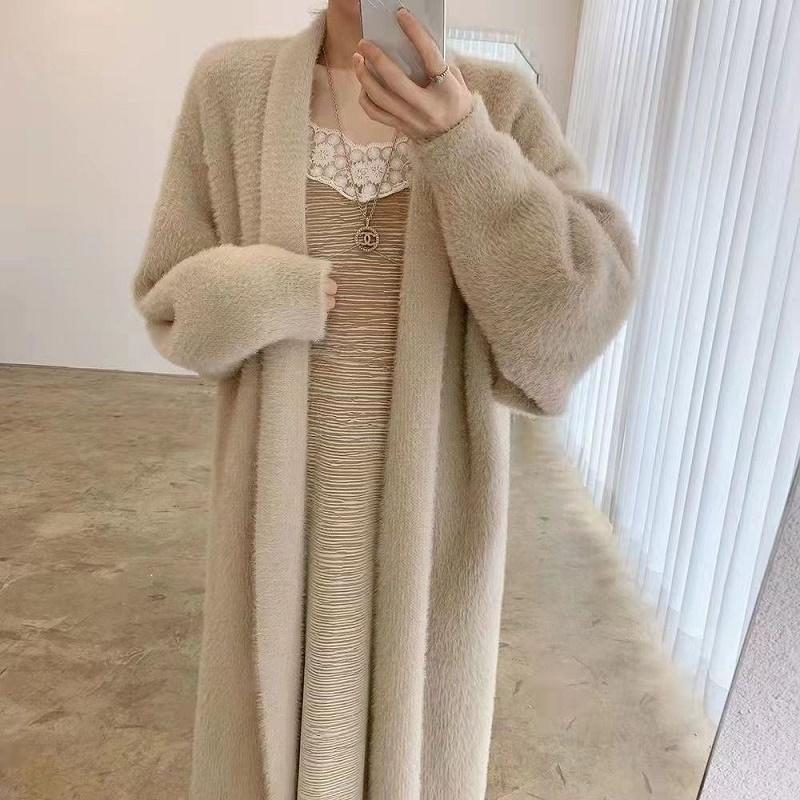 White Long Cardigan for Women Winter Clothes Knitted Fluffy Long Sleeve Cashmere Sweater Coat Clotkorean Style Warm Vintage