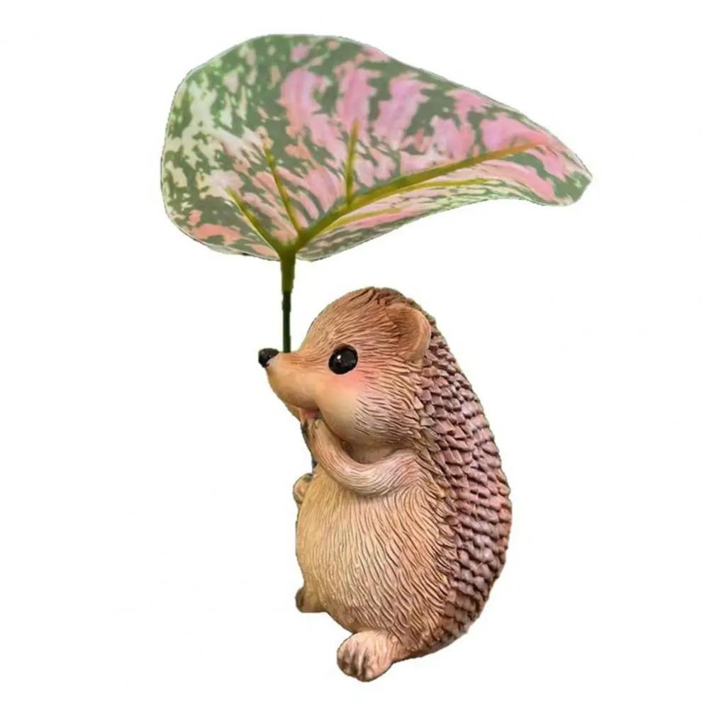 Weatherproof Leaf Umbrella Hedgehog Figurine Cute Small Hedgehog Sculpture Home Balcony Decor