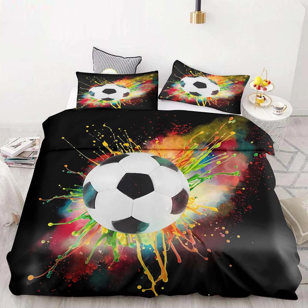 Cartoon Duvet Cover Set Football Graffiti 3D Soccer Ball Bedding Set For Boys Teens Sports Theme Bed Linen With Pillowcases