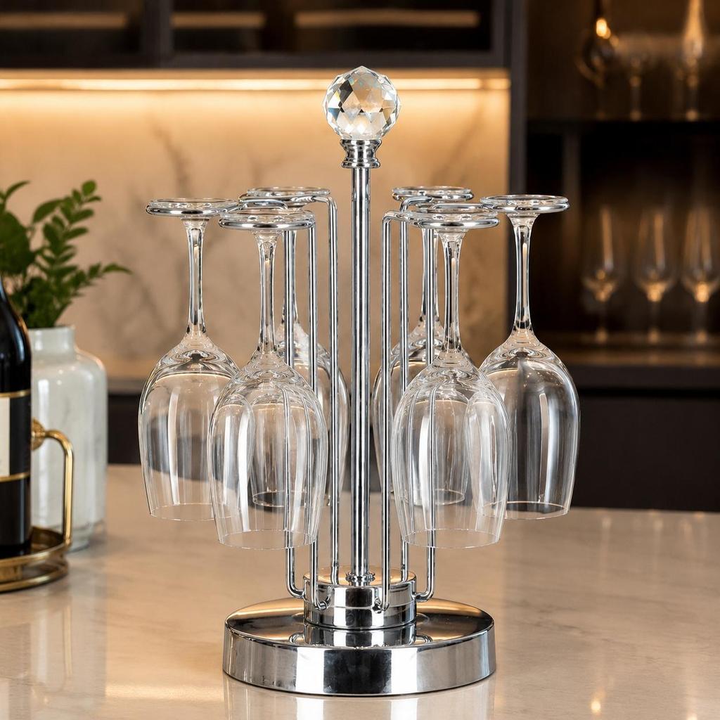 Wine Glass Holder, Metallic Countertop Stemware Rack for 6 Glasses, Home Bar Accessories
