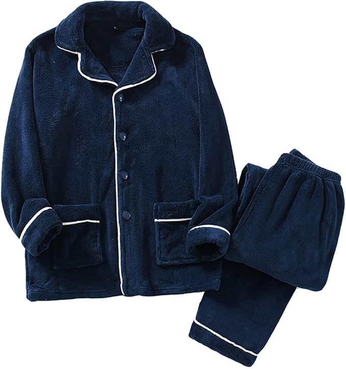 Wechose Flannel Pajama Loose Brushed Fleece Long with Collar and Soft and Comfortable for Fall and Navy Size M Men's Set, Loungewear, Fit,