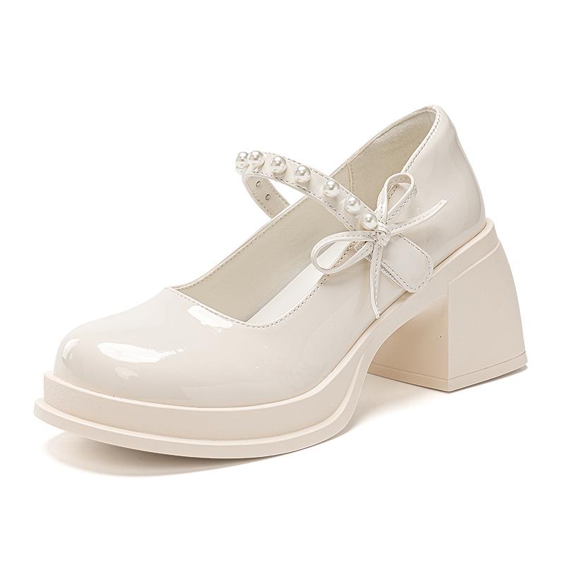 Warrior Fashionable Elegant Light-Colored Mary Jane Shoes With Pearl Bow Decoration Kids Shoes Beige WXP(WZ)-3293